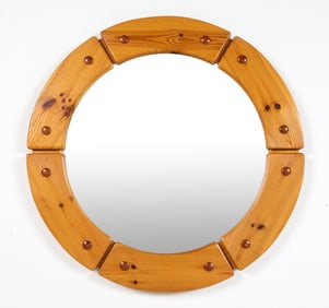 SWEDISH PINE ROUND WALL MIRROR C. 1970S