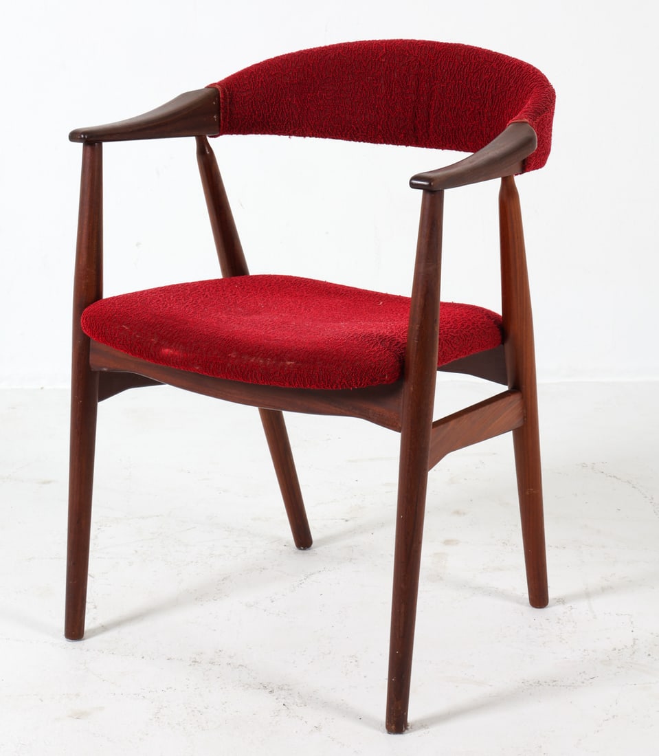 ATTR. AKSEL BENDER MADSEN TEAK & WOOL ARMCHAIR: Teak framed armchair with red wool upholstery attributed to Aksel Bender Madsen. Circa. 1960s. Dimensions: H 28.5" x W 23.5" x D 17" x SH 18.5". Condition: Minor scuffs and dings to wood. Wear consist