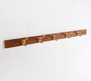 SCANDINAVIAN TEAK & BRASS COAT RACK C. 1970S