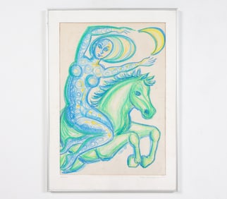SWEDISH OIL PASTEL LADY & HORSE DRAWING 1987