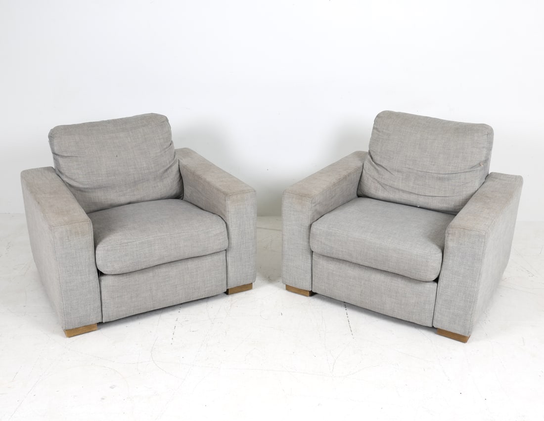 PAIR OF RECLINING LOUNGE CHAIRS: Contemporary. Dimensions: H 30" x W 38" x D 38" x SH 18". Condition: Some wear to fabric, good presentation overall.