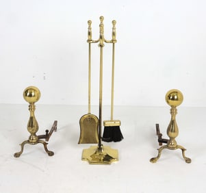 BRASS FIREPLACE TOOLS AND ANDIRONS