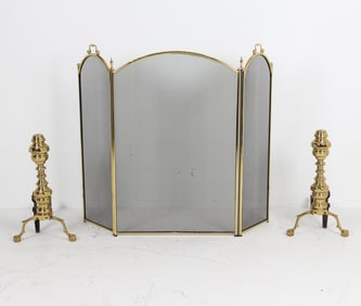 PAIR OF BRASS ANDIRONS AND FIREPLACE SCREEN