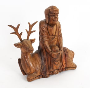 VINTAGE CARVED DEER SITTING LOHAN SCULPTURE