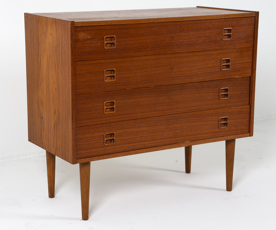 ATTR. N. P. NIELSEN TEAK CHEST OF DRAWERS C. 1960S: Teak chest of drawers attributed to N.P. Nielsen. Dimensions: H 31" x W 34.75" x D 16.5". Conditions: Scattering of dings and rubs to surface and sides, scattering of indentation to surface, Wear cons