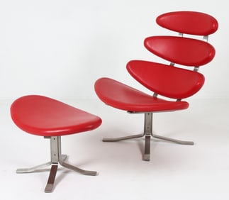 POUL VOLTHER STYLE LEATHER CHAIR & OTTOMAN