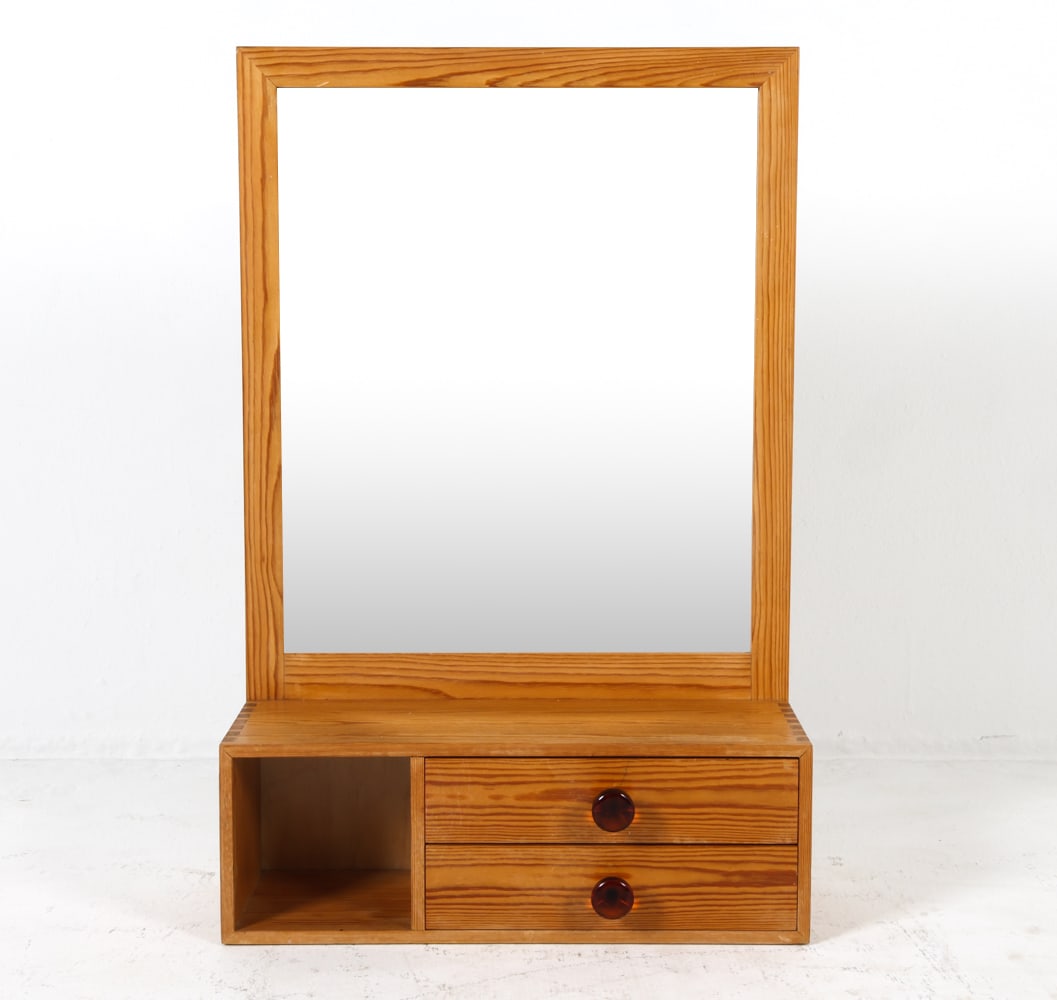 SWEDISH PINE WALL MIRROR W/ DRAWER C. 1970S (1 of 14)