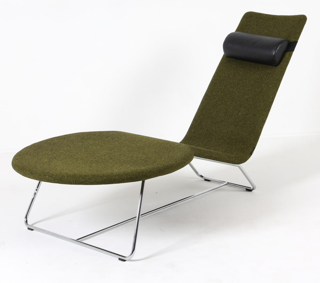 EERO KOIVISTO WOOB LOUNGE CHAIR BY OFFECCT: For Offcct. Tagged under seat. Chrome steel legs with wool upholstery. Black leather headrest cushion. Swedish, circa 2005. Dimensions: H 27" x W 30" x D 72" x SH 14.5". Condition: Minor scuffs to lea