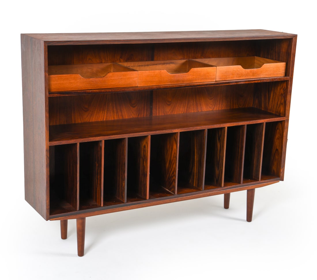BROUER DANISH ROSEWOOD MEDIA CABINET C. 1960S: Shelves are removable. Drawers can be moved at will. Denmark, circa 1960s. Dimensions: H 39.75" x W 53.5" x D 11.75". Condition: Minor scuffs and small dings. Good presentation overall. JE067