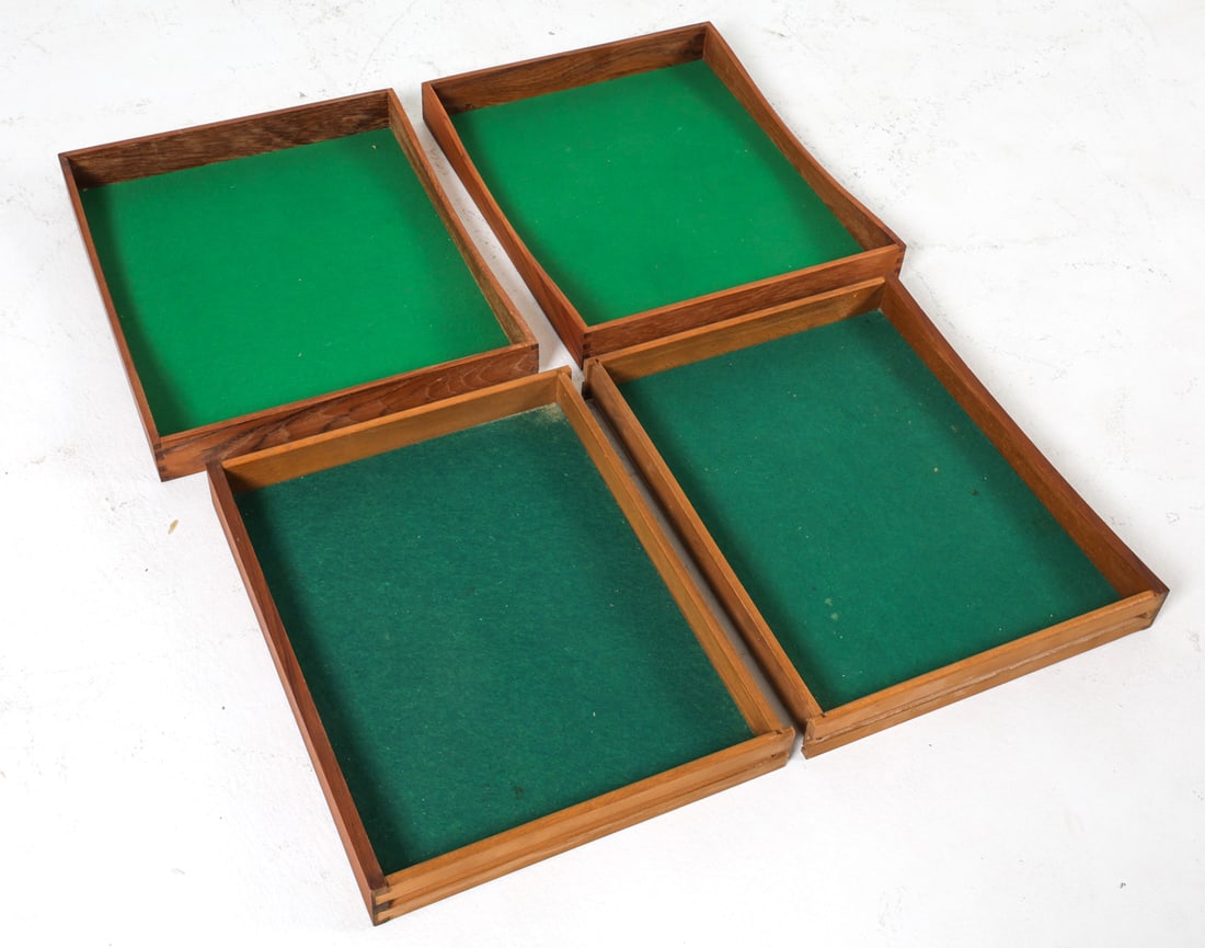 DANISH TEAK ORGANIZING DESK TRAYS C. 1960S: Teak organizing desk trays with green felted interiors. Dimensions: H 2" x W 18.5" x D 15.25". Condition: Minor scuffs and dings. Wear consistent with age and use. JE177