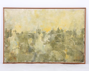 UFFE CONRAD (20TH C.) ABSTRACT CITY SKYLINE O/C