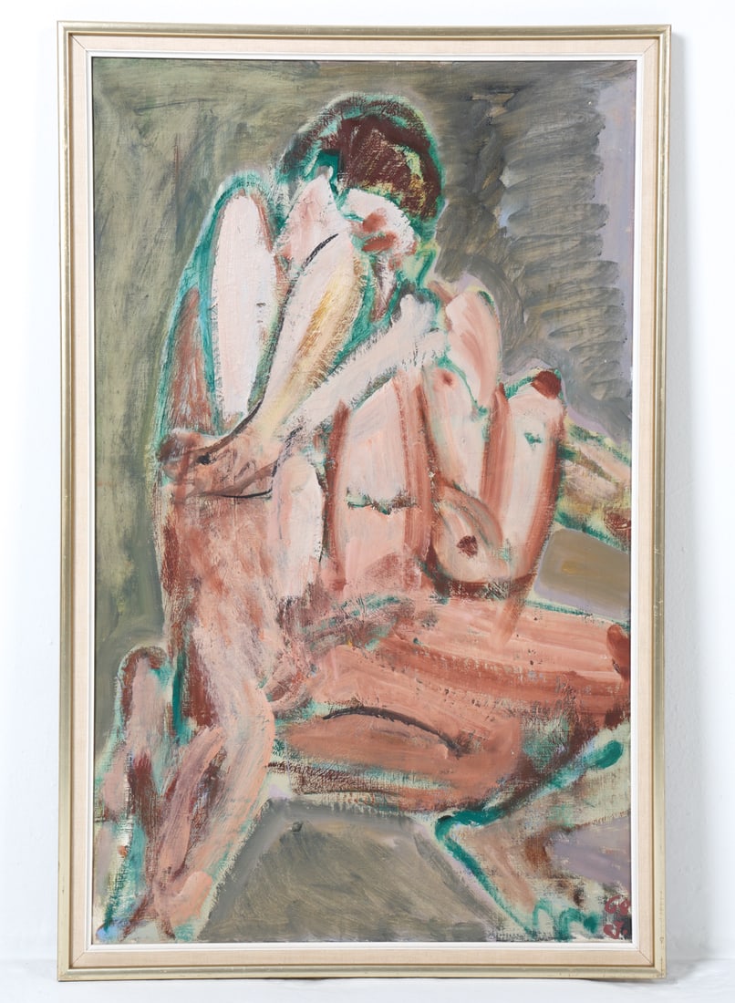 DANISH ABSTRACT FIGURE PAINTING O/C 1968: Abstract painting of nude figures. Signed indistinctly to lower right corner. Indistinct writing to back of canvas. Denmark, mid 20th century. Dimensions: Frame H 42" x W 26.75". Canvas H 39" x W 24.2