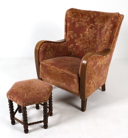 ART DECO SCANDINAVIAN LOUNGE CHAIR & OTTOMAN 1930S