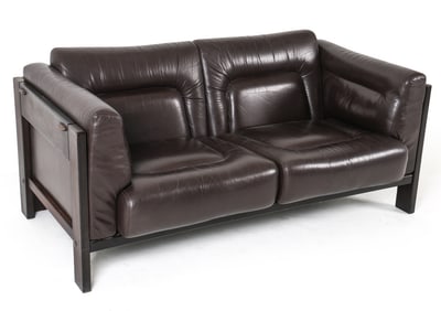 SCANDINAVIAN OAK & LEATHER LOVESEAT C. 1970S