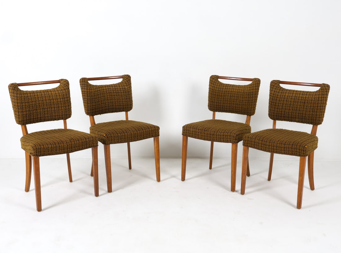 (4) SCANDINAVIAN BEECH & WOOL DINING CHAIRS 1960S: Beech and wool dining chairs, Scandinavian, circa. 1960s. Dimensions: H 33.25" x W 18.25" x D 17" x SH 16.5". Condition: Few minor tears to wool. Previous repair to one seat back. Wear consistent with