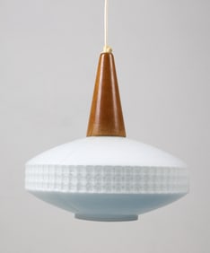 DANISH TEAK & MILK GLASS PENDANT LIGHT C.1960S