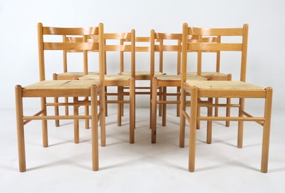 (7) SCANDINAVIAN BEECH & RUSH DINING CHAIRS 1960S