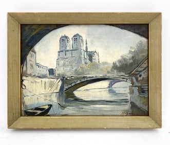 20TH C. NOTRE DAME SCENE FROM BRIDGE O/B