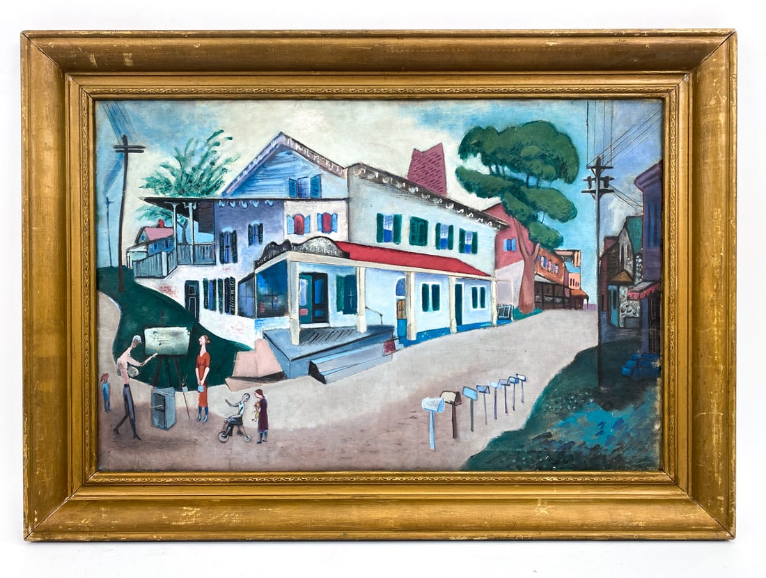 20TH CENTURY MODERNIST O/C PAINTING: Stylized depiction of a town scene with a woman getting her portrait taken with children watching. Unsigned, untitled. Oil on canvas. Dimensions: (Frame) H 31.25" x W 43" (Sight) H 23.25" x W 35.25" C