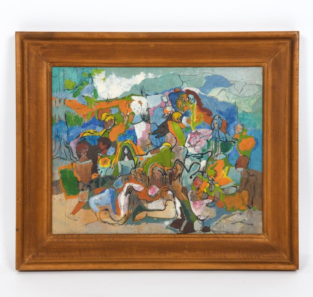 WESLEY LEA (1914-1981) ABSTRACT O/C 1954: Abstract. Indistinct inscription on verso. Dimensions: (Frame) H 21.5" x W 25.5" (Sight) H 15.5" x W 19" Condition: Wear consistent with age. Nicks, dings, watermarks to frame. Soiling to back.