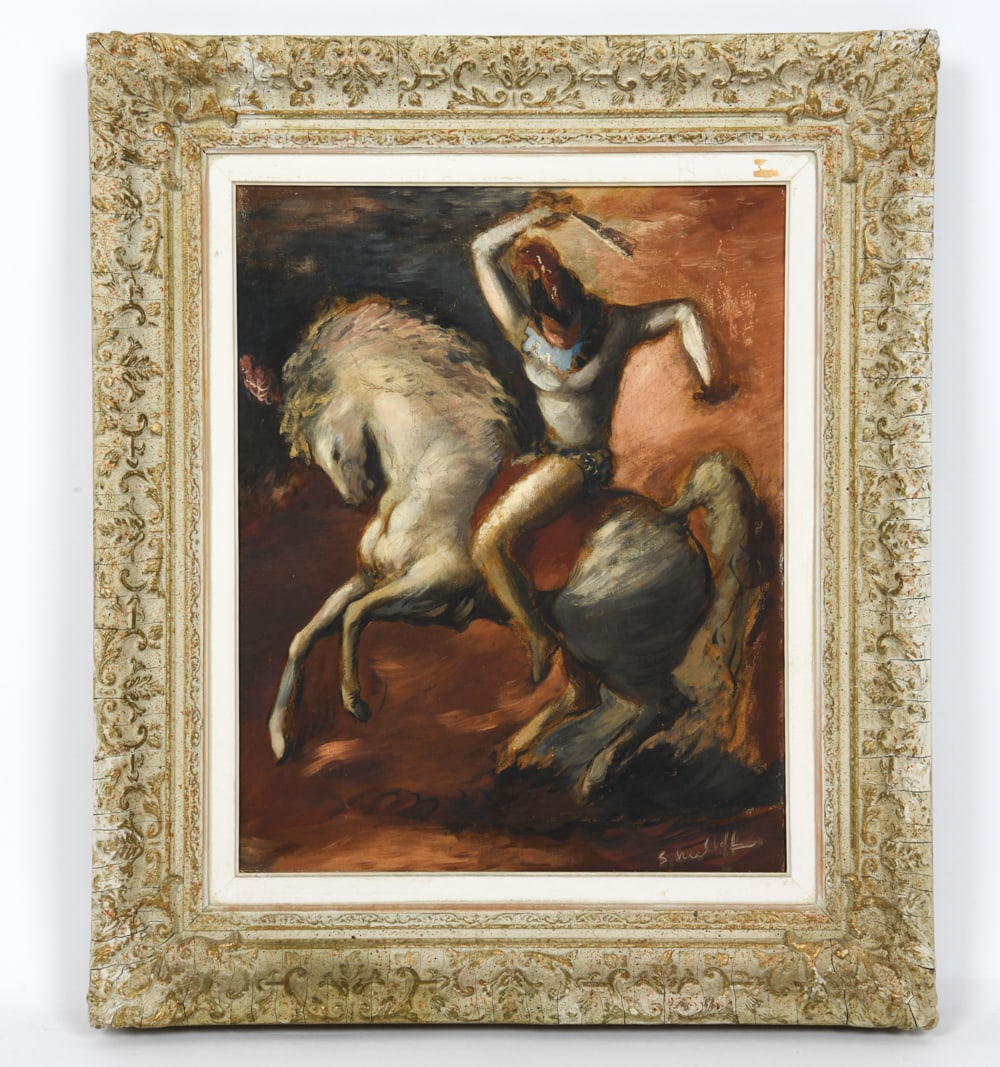 EARLY 20TH CENTURY HORSE RIDER O/C: Image of a figure riding a horse. The frame is Made in Holland. Indistinctly signed lower right. Oil on canvas. Dimensions: (Frame) H 27.5" x W 23.5" (Canvas) H 20" x W 16" Condition: Wear consistent 
