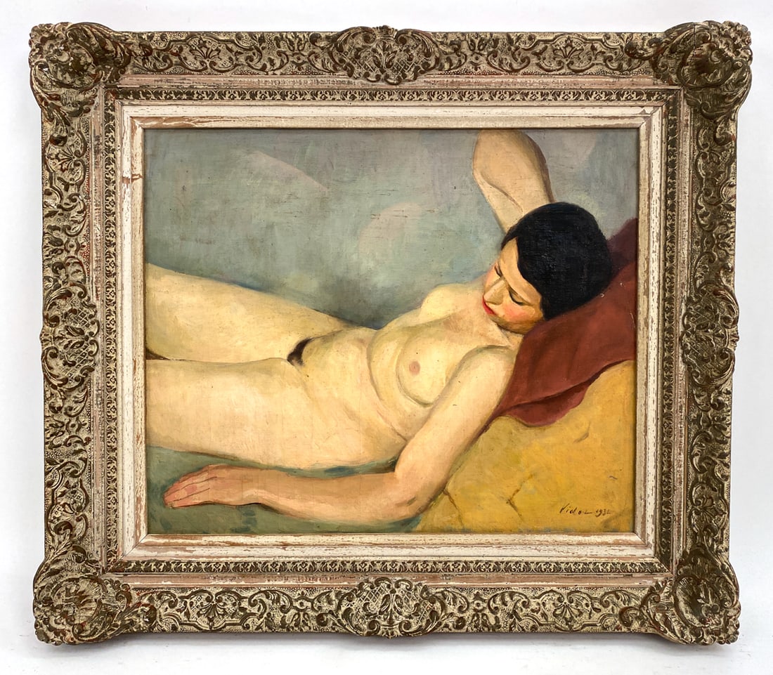 1930S NUDE PORTRAIT O/C: Portrait of a nude woman posing. Signed "Vodol" and dated (1936) lower right. Oil on canvas.Dimensions: (Frame) H 28" x W 32" (Sight) H 19.5" x W 23" Condition: Cracks and paint loss to frame. Wear co