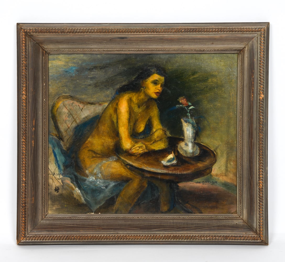 JOE BIERMAN (20TH CENTURY) NUDE OIL ON BOARD: Signed lower lower left and right. Oil on canvas board. Dimensions: (Frame) H 21.5" x W 24.25" (Board) H 16: x W 18.75" Condition: Wear consistent with age. Nicks, dings and mail holes to frame.