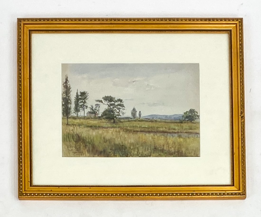 LOUIS RAHMER (20TH C.) LANDSCAPE WATERCOLOR: Realist landscape depicting a large open field with trees, mountains, and a house in the distance. Signed, dated 1901, and titled "Point of Pines, Mass" lower left. Watercolor on paper. Dimensions: (F