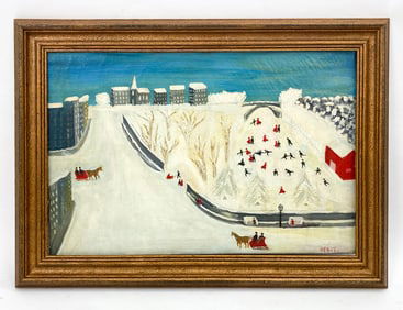 20TH C. FOLK ART SNOWY LANDSCAPE O/C PAINTING