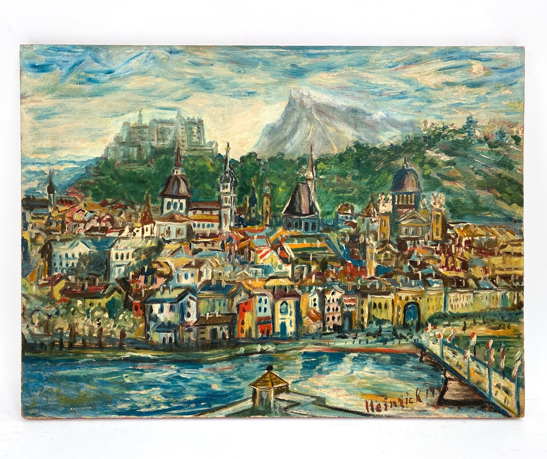 1945 EUROPEAN CITY SCENE O/B: Signed Heinrick and dated 1945 lower right. Dimensions: H 20" x W 26.5" Condition: Wear consistent with age. Present two small nail holes on the surface, light warping on the frame and minor soiling o