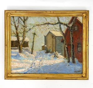 MORRIS (20TH CENTURY) SNOWY LANDSCAPE PAINTING O/B