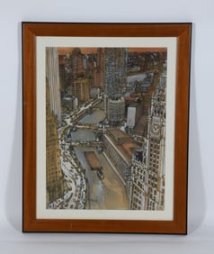 20TH C. CHICAGO RIVER CITYSCAPE MIXED MEDIA