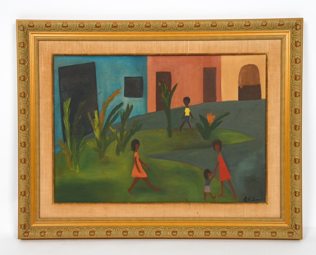 L. CALENDA (BRAZILIAN, 20TH C.) O/C 1964: Image of a ranch. Titled "Casa Azul", dated Rio 1964 and signed on verso. Oil on canvas. Dimensions: (Frame) H 25.5" x W 33.5" (Canvas) H 17.5" x W 25" Condition: Wear consistent with age. Craquelure 