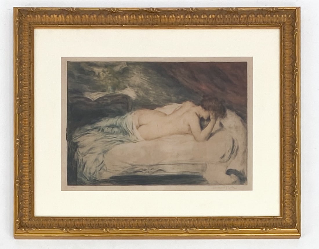 MANUEL ROBBE (1872-1936) ETCHING AQUATINT: Colored etching of a nude woman laying down. Signed lower right. Dimensions: (Frame) H 22.75" x W 28.5" (Sight) H 13.75" x W 19" Condition: Age toning.