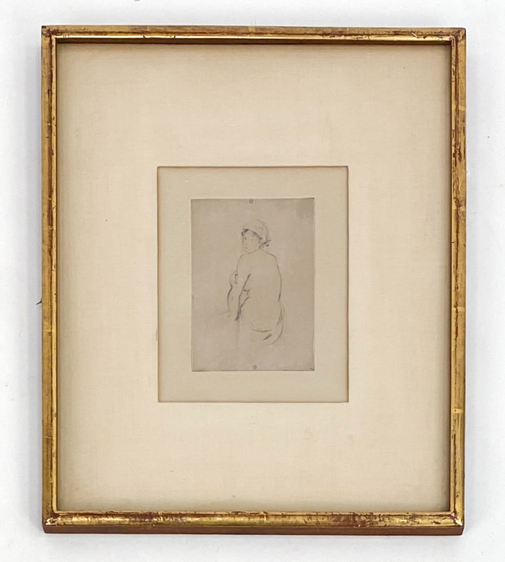 ATTR. BERTHE MORISOT NUDE ETCHING: Nude from behind. After Berthe Morisot "Nude". Unsigned. Etching on paper. Dimensions: (Frame) H 15.5" x W 13.25" (Sight) H 7.25" x W 6" Condition: Wear consistent with age. Scratches the frame. Warpi