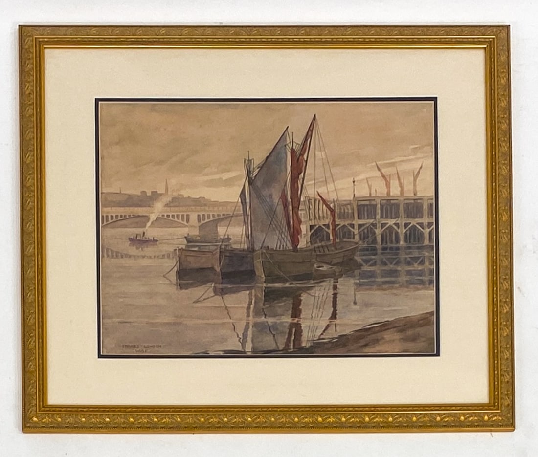 LONDON HARBOR SCENE WATERCOLOR: Depicts boats along the River Thames in London, with a bridge and a dock in the background. Initialed and titled lower right. Watercolor on paper. Dimensions: (Frame) H 22.75" x W 26.25" (Sight) H 14"