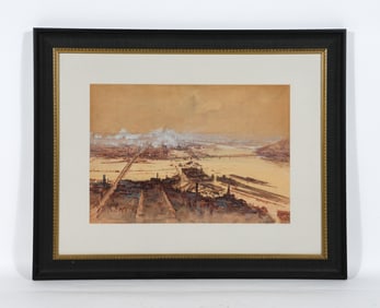 1913 PORT CITY SCENE WATERCOLOR