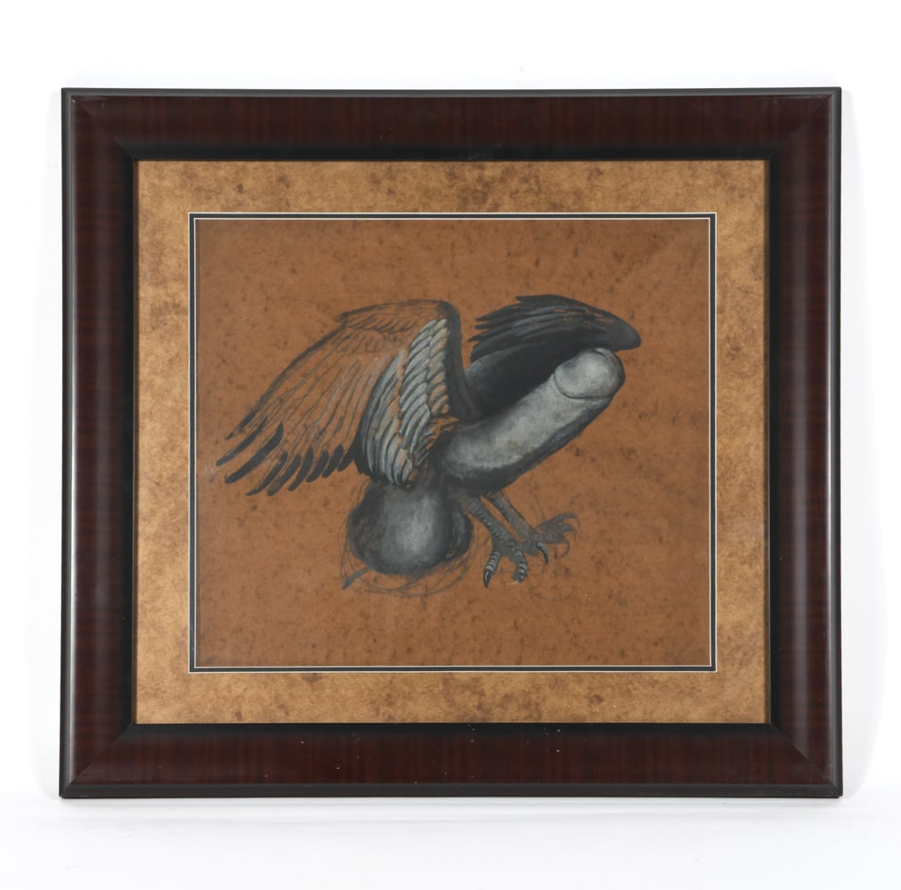 20TH CENTURY SURREALIST M/M: Surrealist image of flying male genitalia. Unsigned, mixed media. Dimensions: (Frame) H 24" x W 26" (Sight) H 15.5" x W 17.5" Condition: Light scuffs to frame. Wear consistent with age.