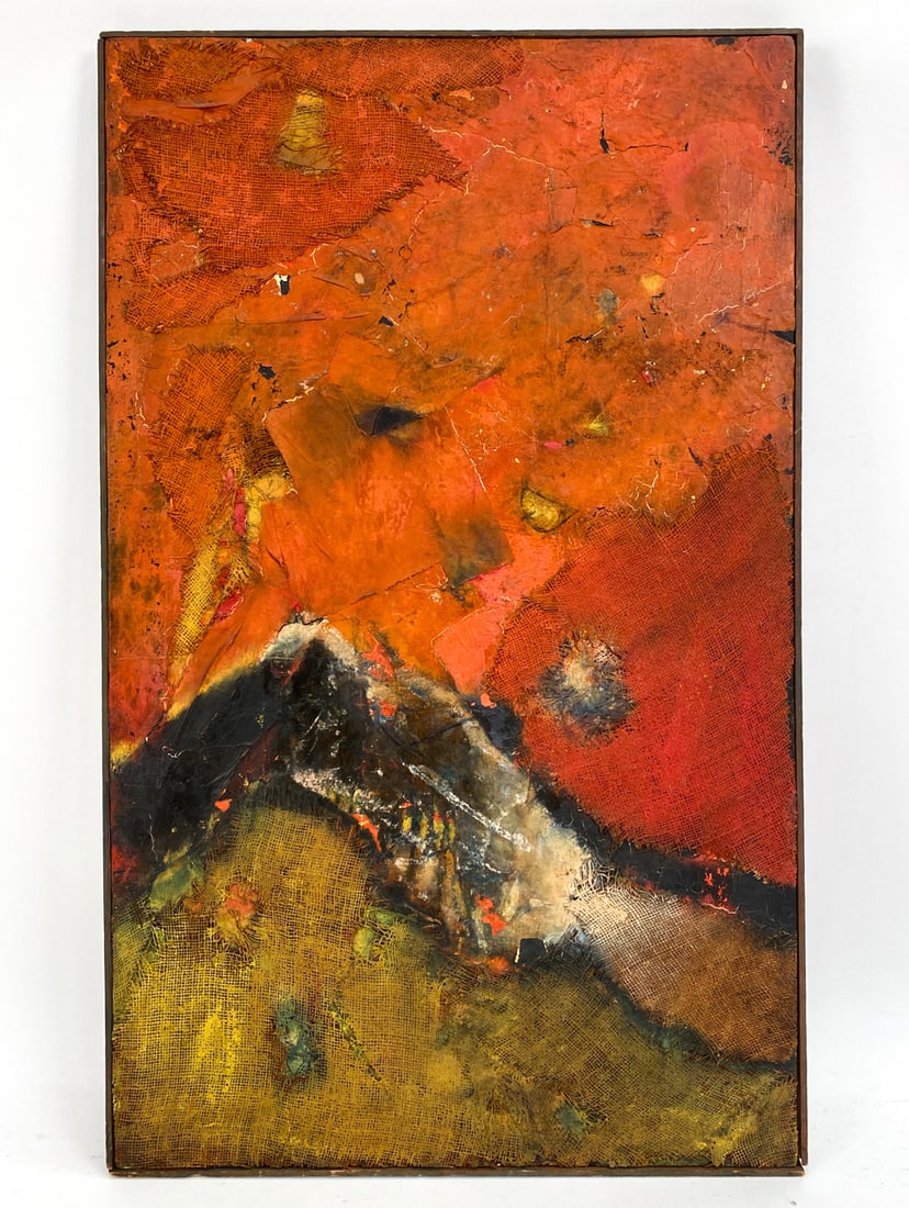MILTON GOLDRING (1918-2009) ABSTRACT MIXED MEDIA: Signed and titled on verso The Great Wall, along with inscription "Disquet red and yellow". Mixed media on board. Dimensions: (Frame H 43.5" x W 26.5" (Sight) H 43" x W 26" Condition: Wear consistent 