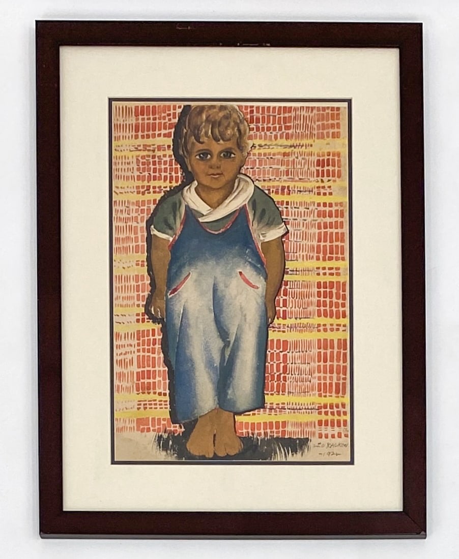 LEO RACKOW (1901-1988) WATERCOLOR PORTRAIT: Portrait of a child, standing barefoot against a red and yellow background. Indistinctly signed lower right. Watercolor on paper. Dimensions: (Frame) H 27.5" x W 20.5" (Sight) H 19" x W 12.5" Conditio
