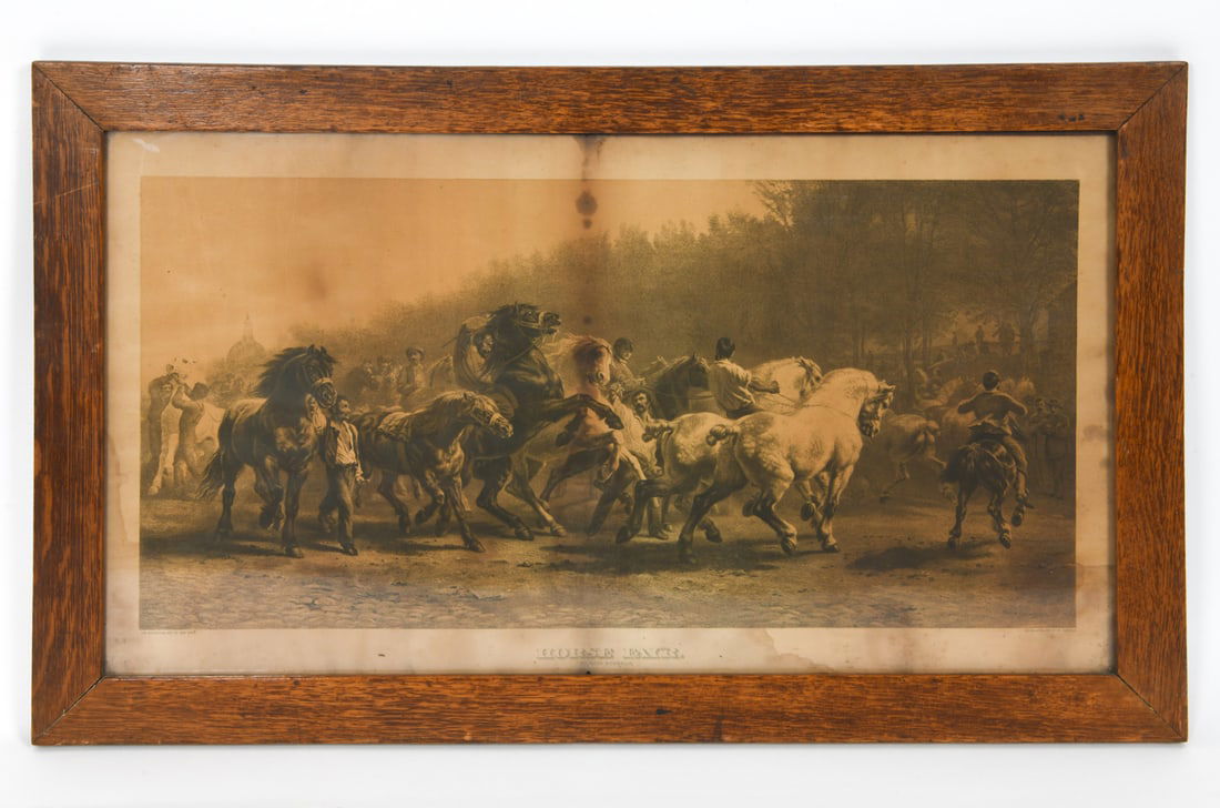 ROSA BONHEUR (1822-1899) LITHOGRAPH: Depicts men riding horses. Signed by French artist Rosa Bonheur and titled "Horse Fair", lower center. Dimensions: (Frame) 20.5" x W 34" (Sight) H 16.5" x W 30" Condition: Presents sings of toning, wa