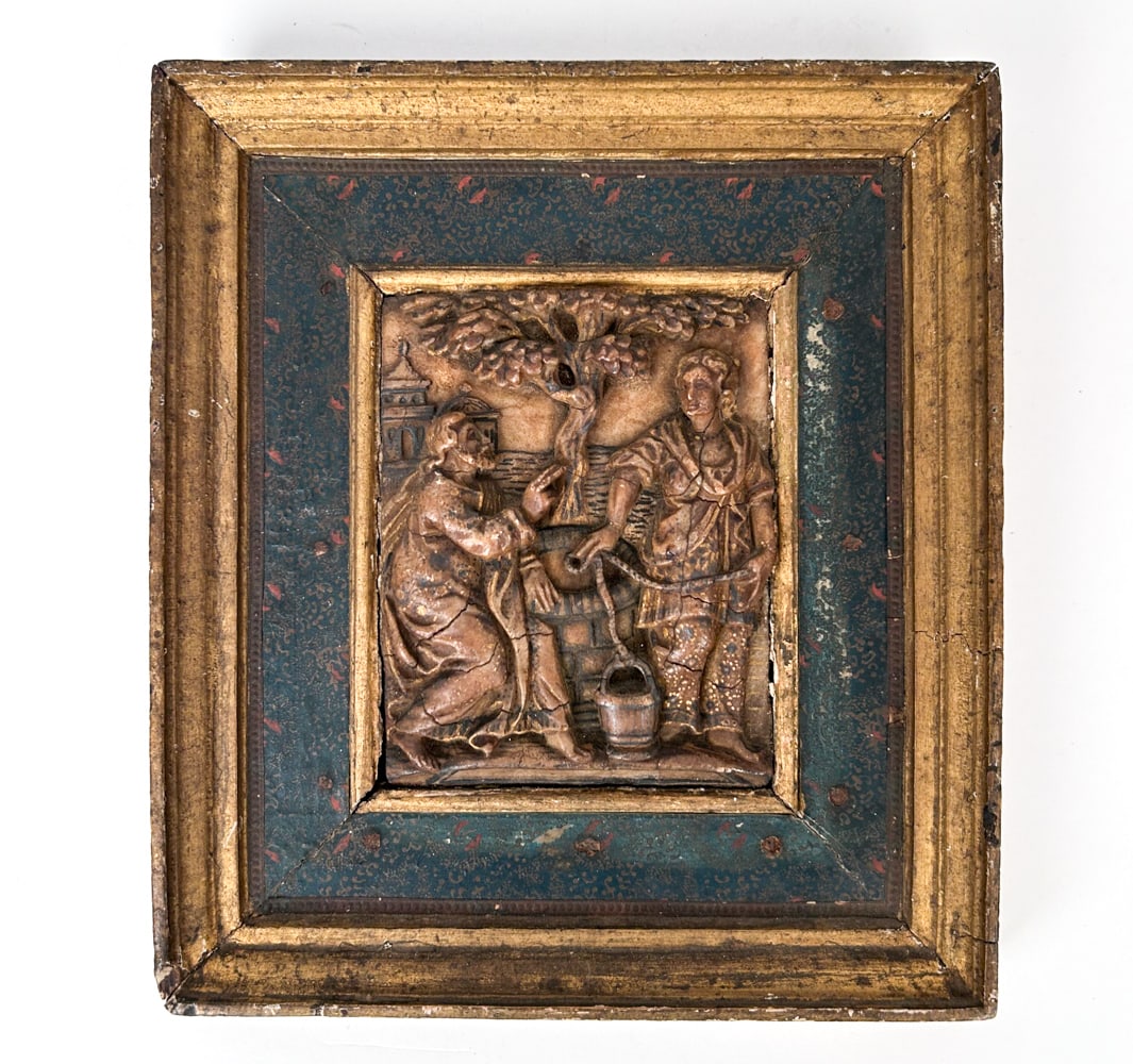 16TH/17TH C. MECHELEN ALABASTER RELIEF CARVING: Mechelen (Formerly Malines) Alabaster relief of Christ and woman at well, in original frame. Alabaster with remains of polychrome and gilding. Dimensions: (Frame) H 9" x W 8" (Sight) H 5" x W 4" Condi