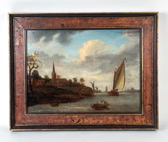 18TH C. DUTCH SHORE VIEW WITH TOWN & VESSELS