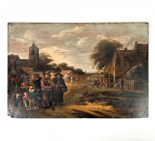 18TH C. DUTCH VILLAGE SCENE OIL ON PANEL