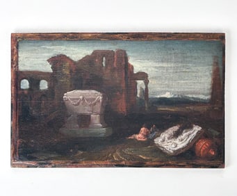 17TH C. ITALIAN OIL ON CANVAS FIGURES AMONG RUINS