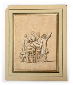 18TH C. MIXED MEDIA DRAWING FIGURES AT PERFORMANCE