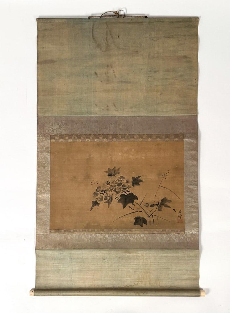 CHINESE QING DINASTY FLORAL PAINTING SCROLL: Monochromatic painting of flowers on silk, with inscription and seal lower right. Dimensions: L 44.5" x W 25.5" x PL 14" x PW 21.5" Condition: Age toning, flattened creases and faint watermarks.