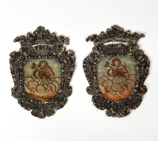PAIR OF 18TH C. EMBROIDERED RELIGIOUS APPLIQUES