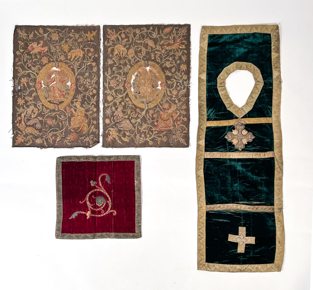GROUPING OF ANTIQUE TEXTILES: Includes 17th century bullion scrolling embroidery upon velvet backing, an antique vestiment with green velvet and border elements and appliques, and embroideries with mesh background in 17th century