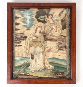 18TH C. SILKWORK PICTURE OF FEMALE SAINT